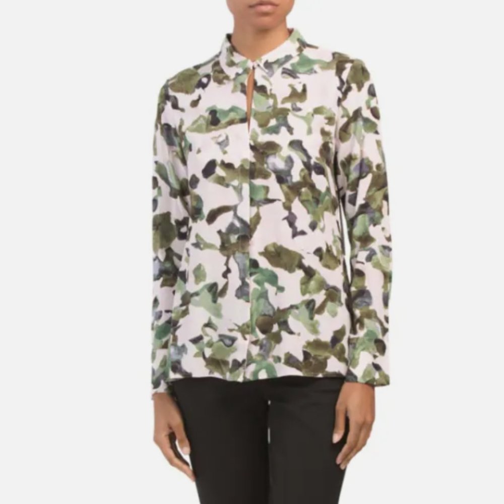 Crosby Women’s Pink Green Rayon Long Sleeve Collared Shirt V Neck Button Down